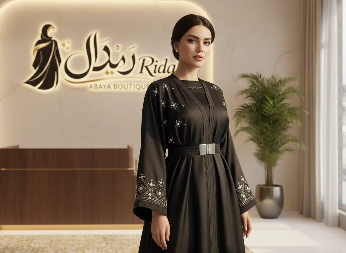 عباية سوداء ملكية من قماش الستان الفاخر بتطريز هندسي كريستالي وحزام خصر عريض