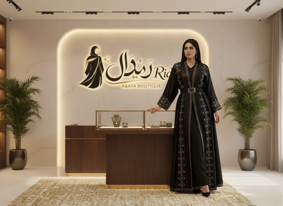 عباية سوداء ملكية من قماش الستان الفاخر بتطريز هندسي كريستالي وحزام خصر عريض