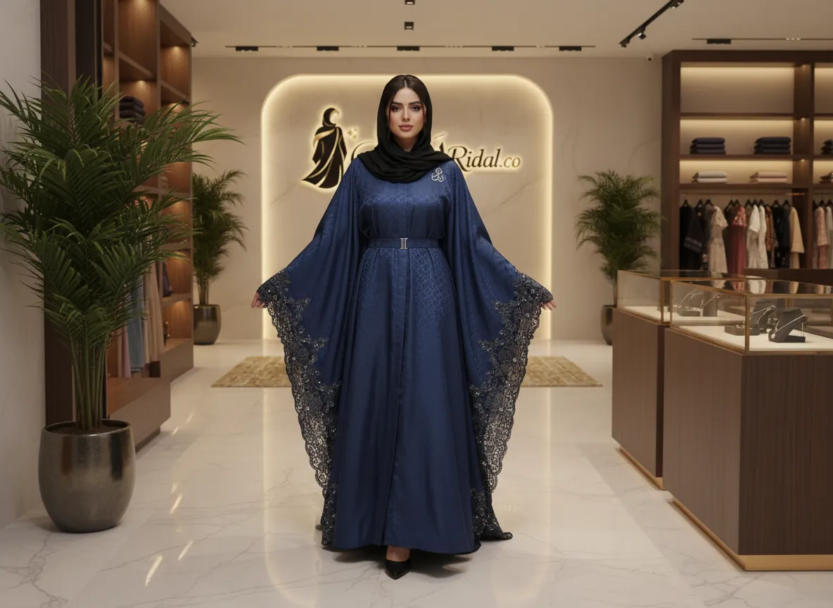 عباية فراشة ملكية باللون الأزرق النيلي مع دانتيل فاخر وتفاصيل الجاكار - SE815