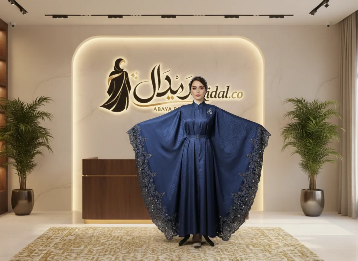 عباية فراشة ملكية باللون الأزرق النيلي مع دانتيل فاخر وتفاصيل الجاكار - SE815