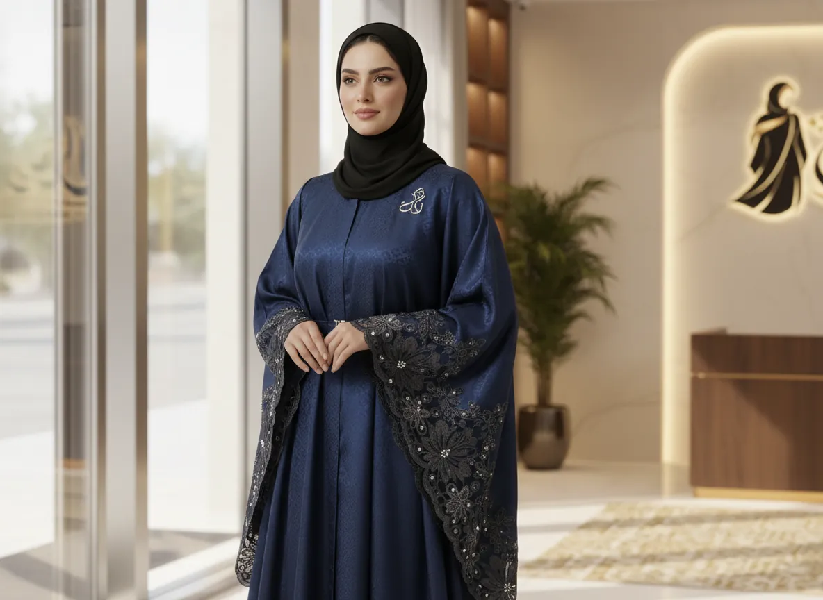 عباية فراشة ملكية باللون الأزرق النيلي مع دانتيل فاخر وتفاصيل الجاكار - SE815
