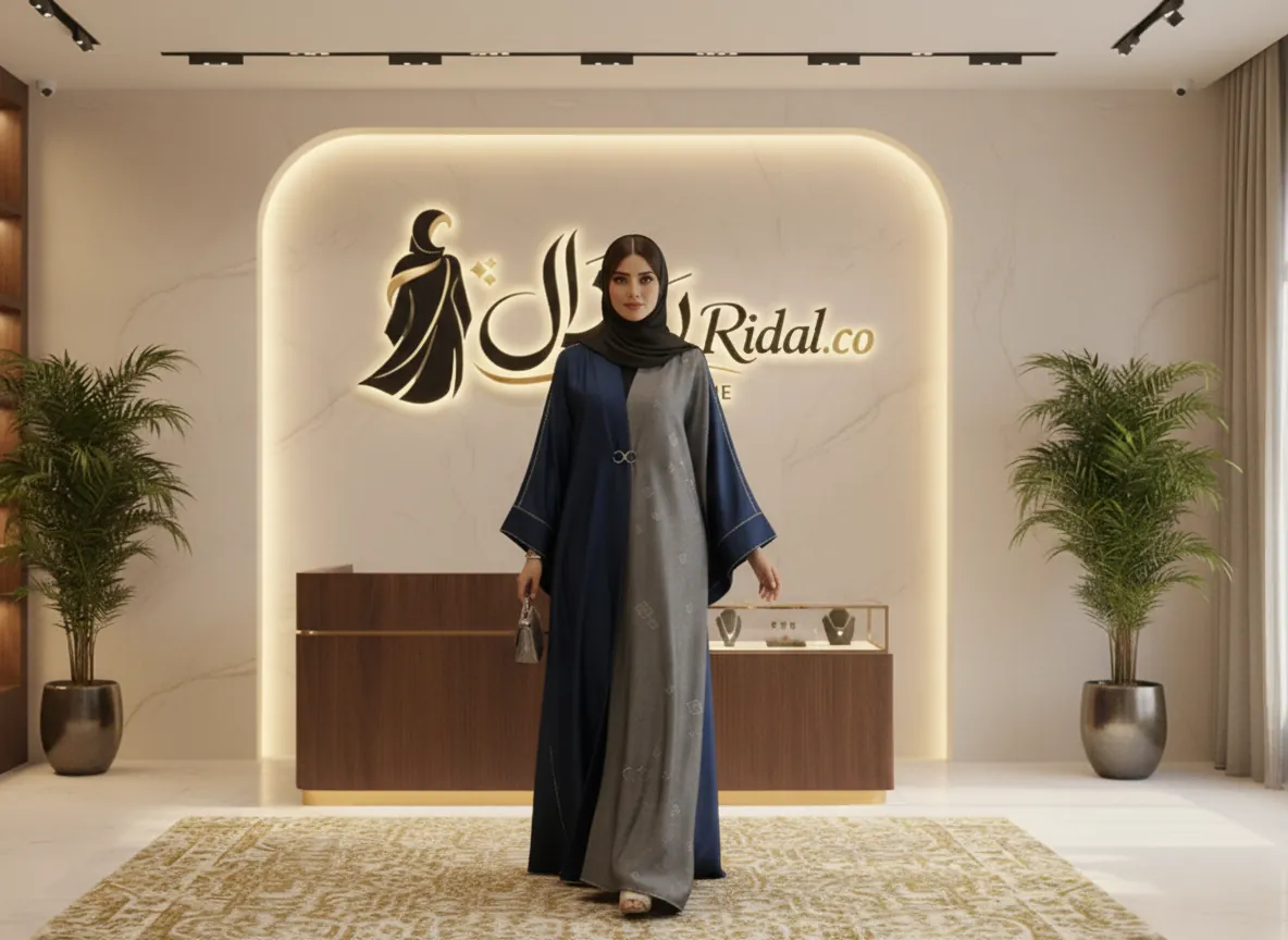 عباية دبل فيس ملكية بتصميم وجهين بلون كحلي ساتان ورمادي منقوش مع مشبك معدني أنيق - SE709