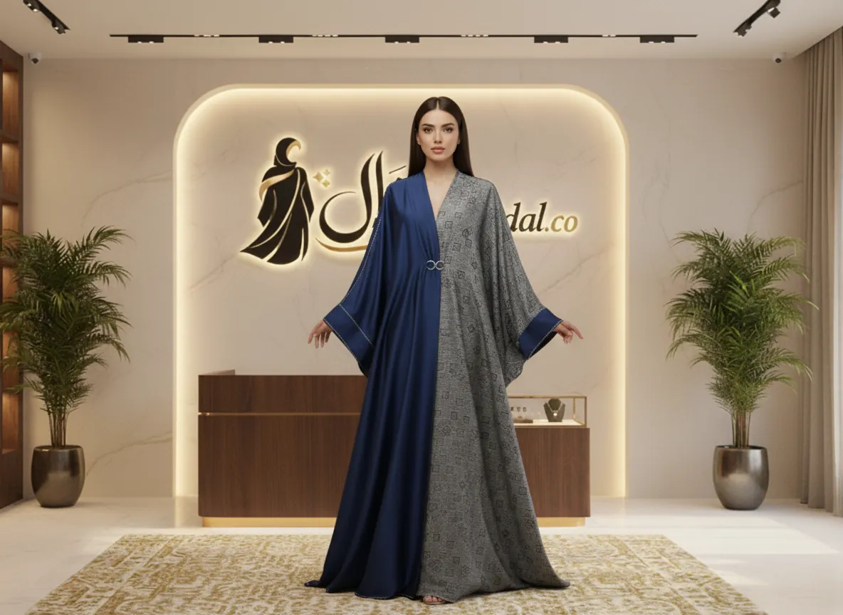 عباية دبل فيس ملكية بتصميم وجهين بلون كحلي ساتان ورمادي منقوش مع مشبك معدني أنيق - SE709