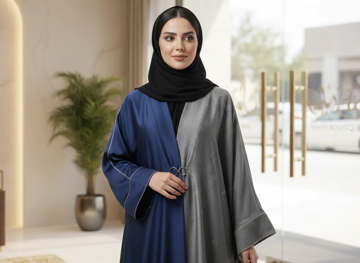عباية دبل فيس ملكية بتصميم وجهين بلون كحلي ساتان ورمادي منقوش مع مشبك معدني أنيق - SE709