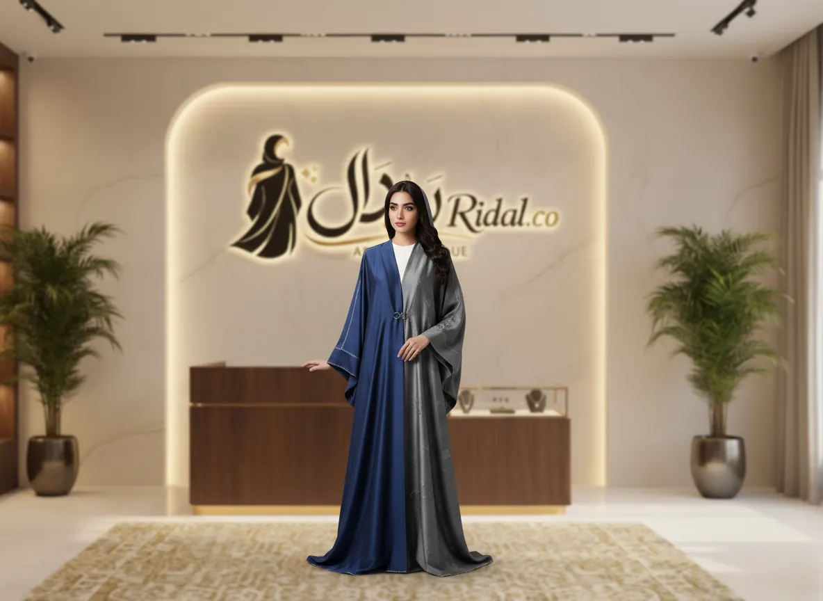 عباية دبل فيس ملكية بتصميم وجهين بلون كحلي ساتان ورمادي منقوش مع مشبك معدني أنيق - SE709