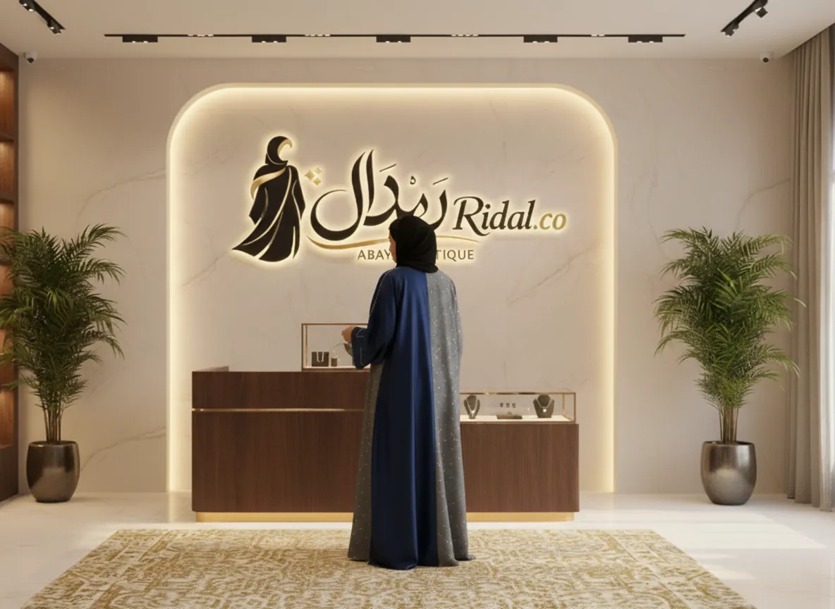 عباية دبل فيس ملكية بتصميم وجهين بلون كحلي ساتان ورمادي منقوش مع مشبك معدني أنيق - SE709