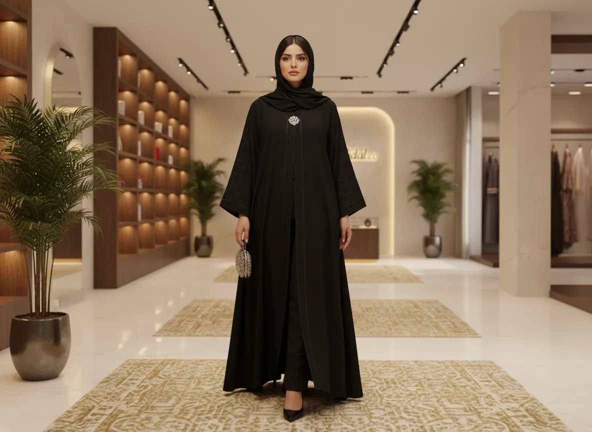 عباية سوداء ملكية فاخرة من قماش الكريب الياباني بتصميم كلاسيكي وتطريز يدوي دقيق