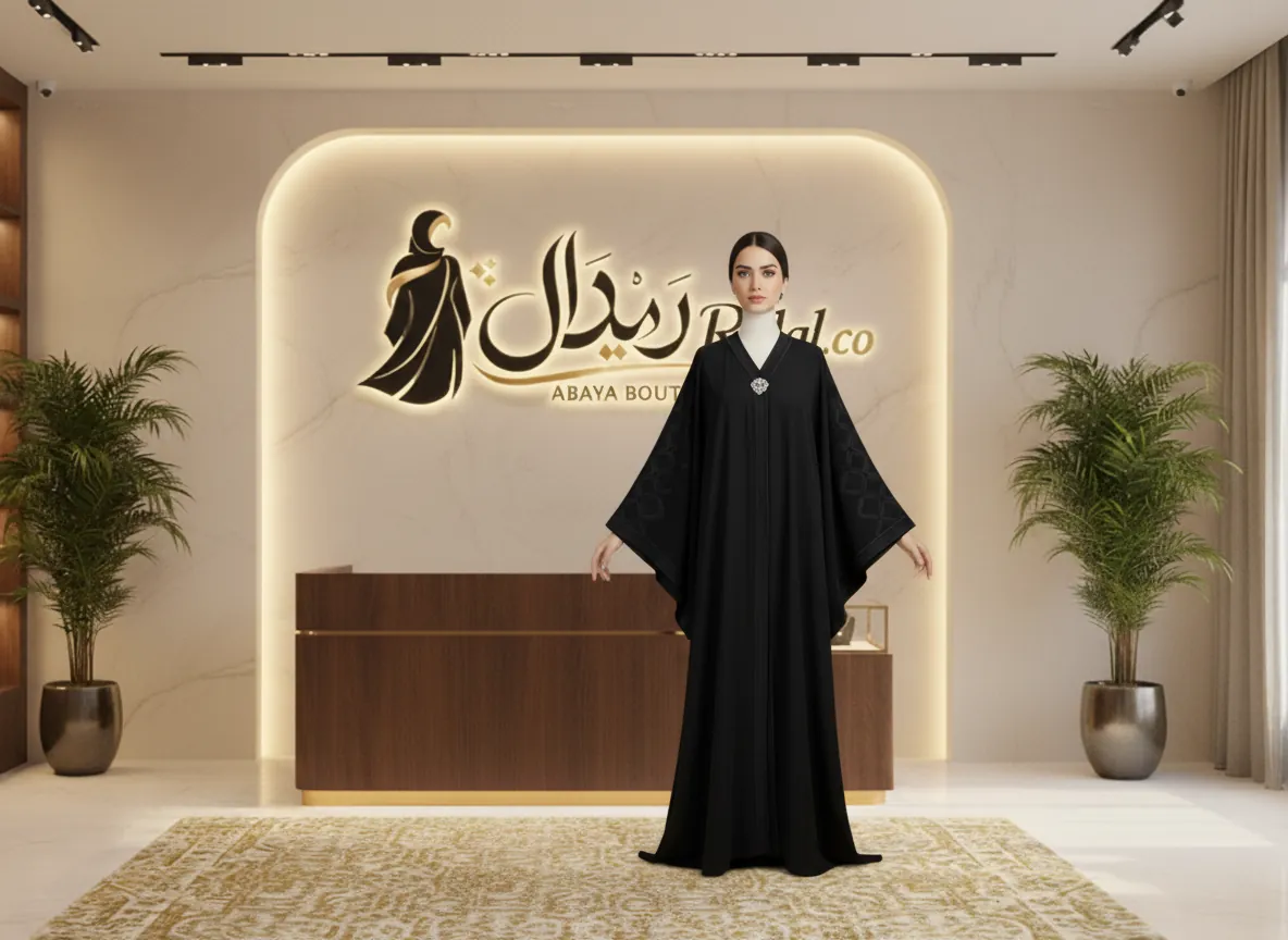 عباية سوداء ملكية فاخرة من قماش الكريب الياباني بتصميم كلاسيكي وتطريز يدوي دقيق