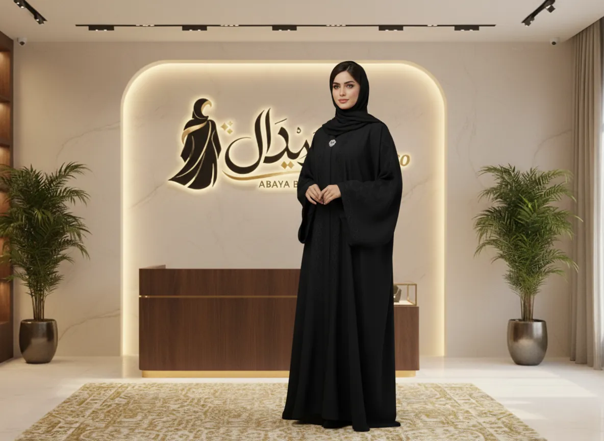 عباية سوداء ملكية فاخرة من قماش الكريب الياباني بتصميم كلاسيكي وتطريز يدوي دقيق