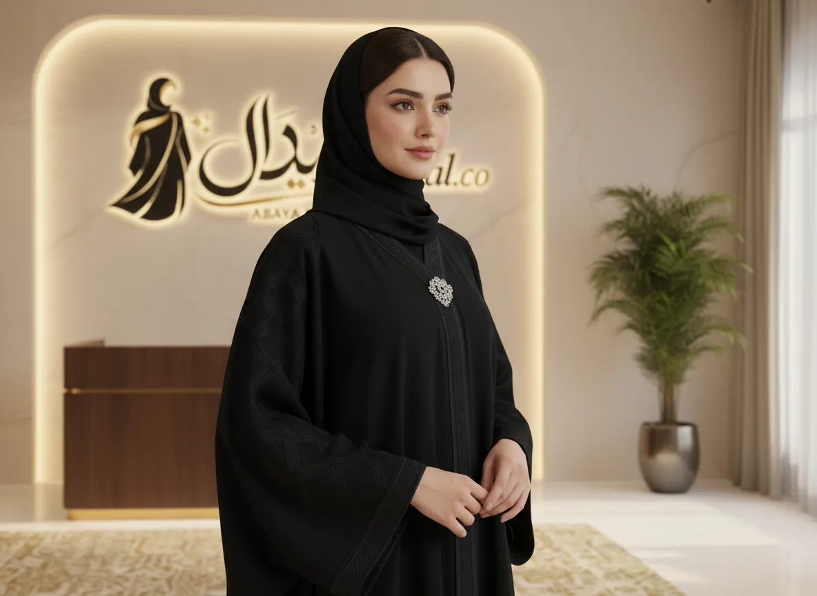 عباية سوداء ملكية فاخرة من قماش الكريب الياباني بتصميم كلاسيكي وتطريز يدوي دقيق