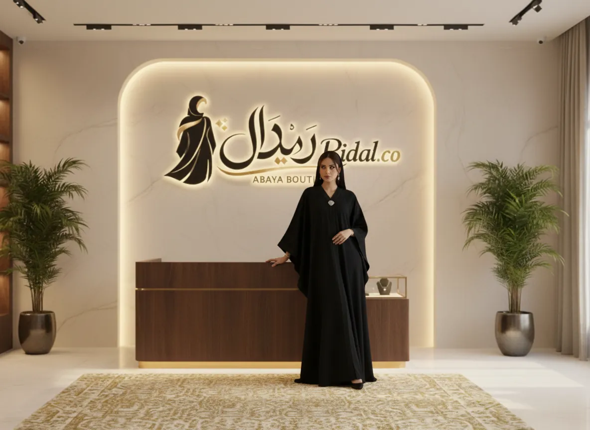عباية سوداء ملكية فاخرة من قماش الكريب الياباني بتصميم كلاسيكي وتطريز يدوي دقيق