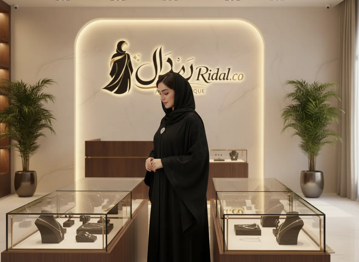 عباية سوداء ملكية فاخرة من قماش الكريب الياباني بتصميم كلاسيكي وتطريز يدوي دقيق
