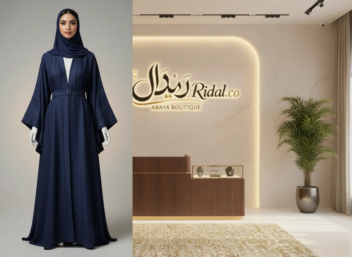 عباية كحلي ملكي بتطريز هندسي ناعم وأكمام واسعة مع حزام وأناقة كلاسيكية