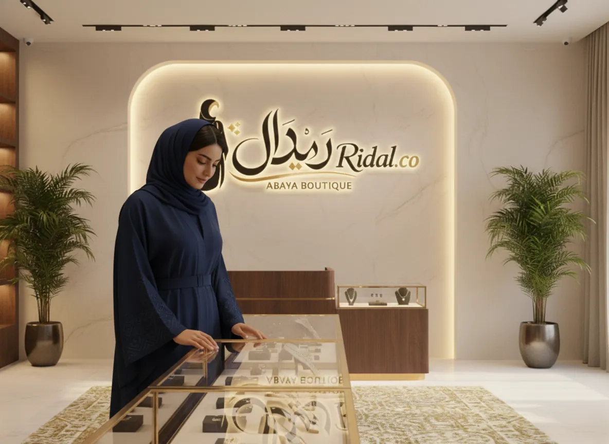 عباية كحلي ملكي بتطريز هندسي ناعم وأكمام واسعة مع حزام وأناقة كلاسيكية