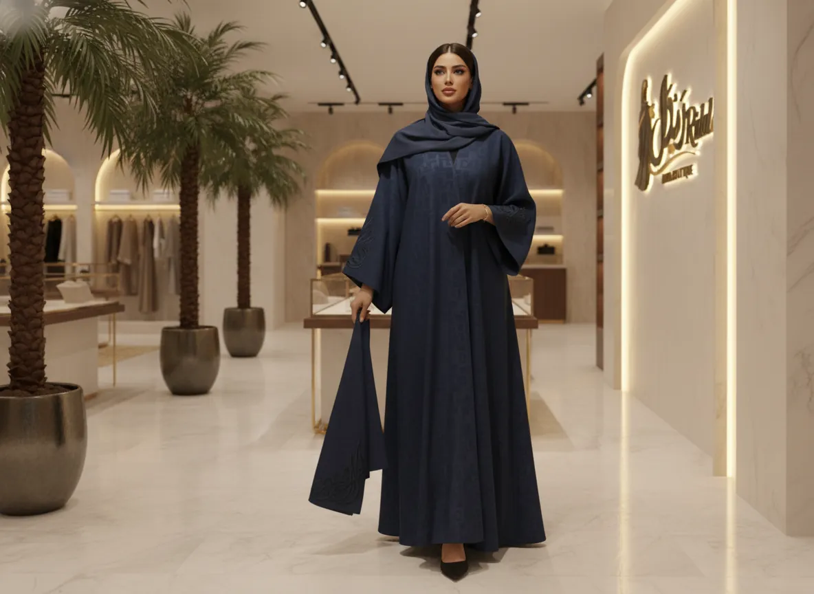 عباية كحلي ملكية بتطريز هندسي وأكمام واسعة - تصميم عصري فاخر