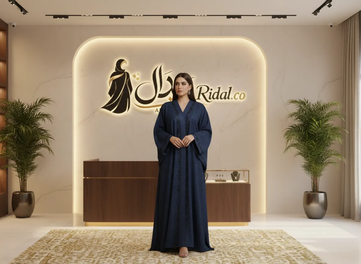 عباية كحلي ملكية بتطريز هندسي وأكمام واسعة - تصميم عصري فاخر