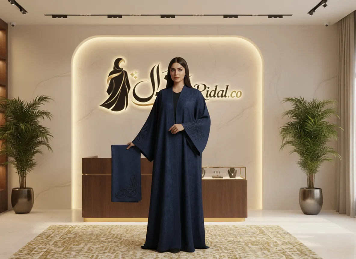 عباية كحلي ملكية بتطريز هندسي وأكمام واسعة - تصميم عصري فاخر