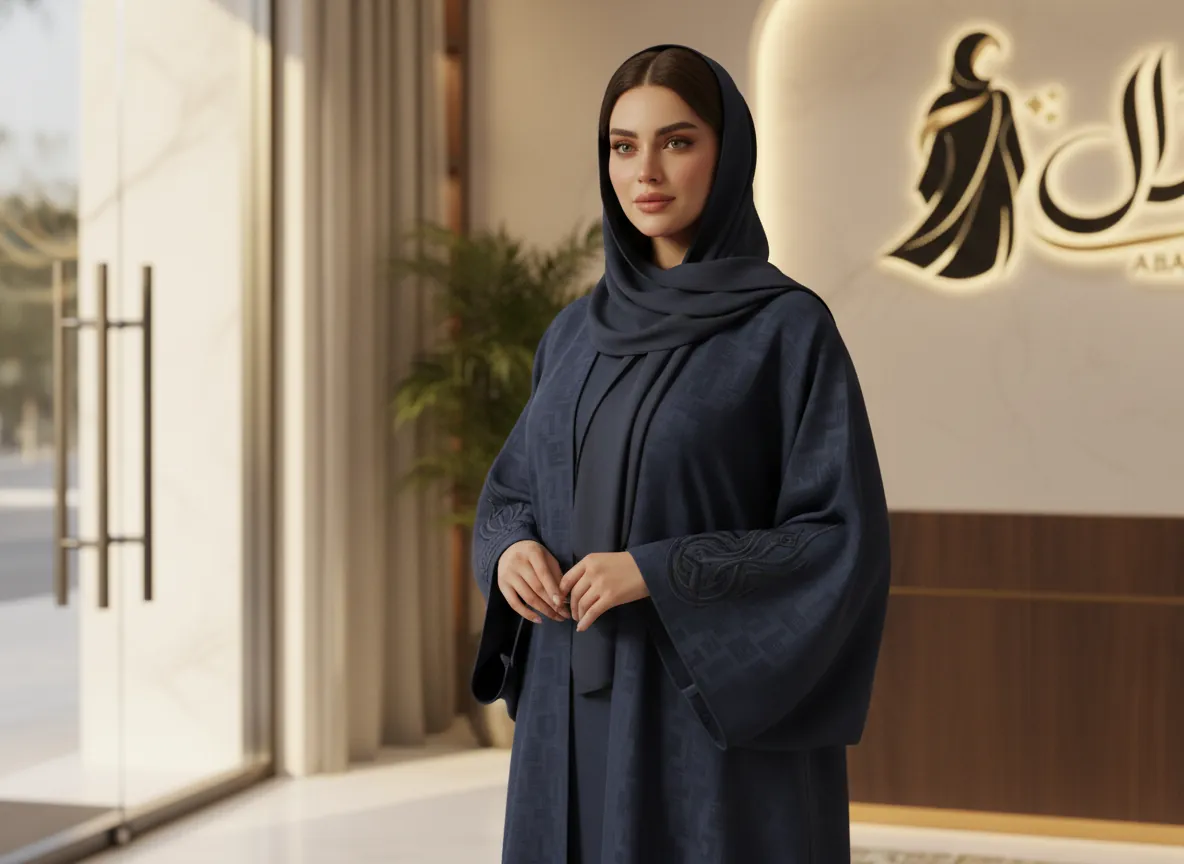 عباية كحلي ملكية بتطريز هندسي وأكمام واسعة - تصميم عصري فاخر