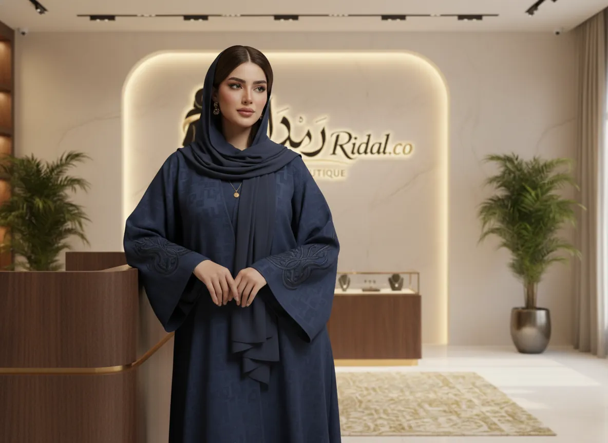 عباية كحلي ملكية بتطريز هندسي وأكمام واسعة - تصميم عصري فاخر