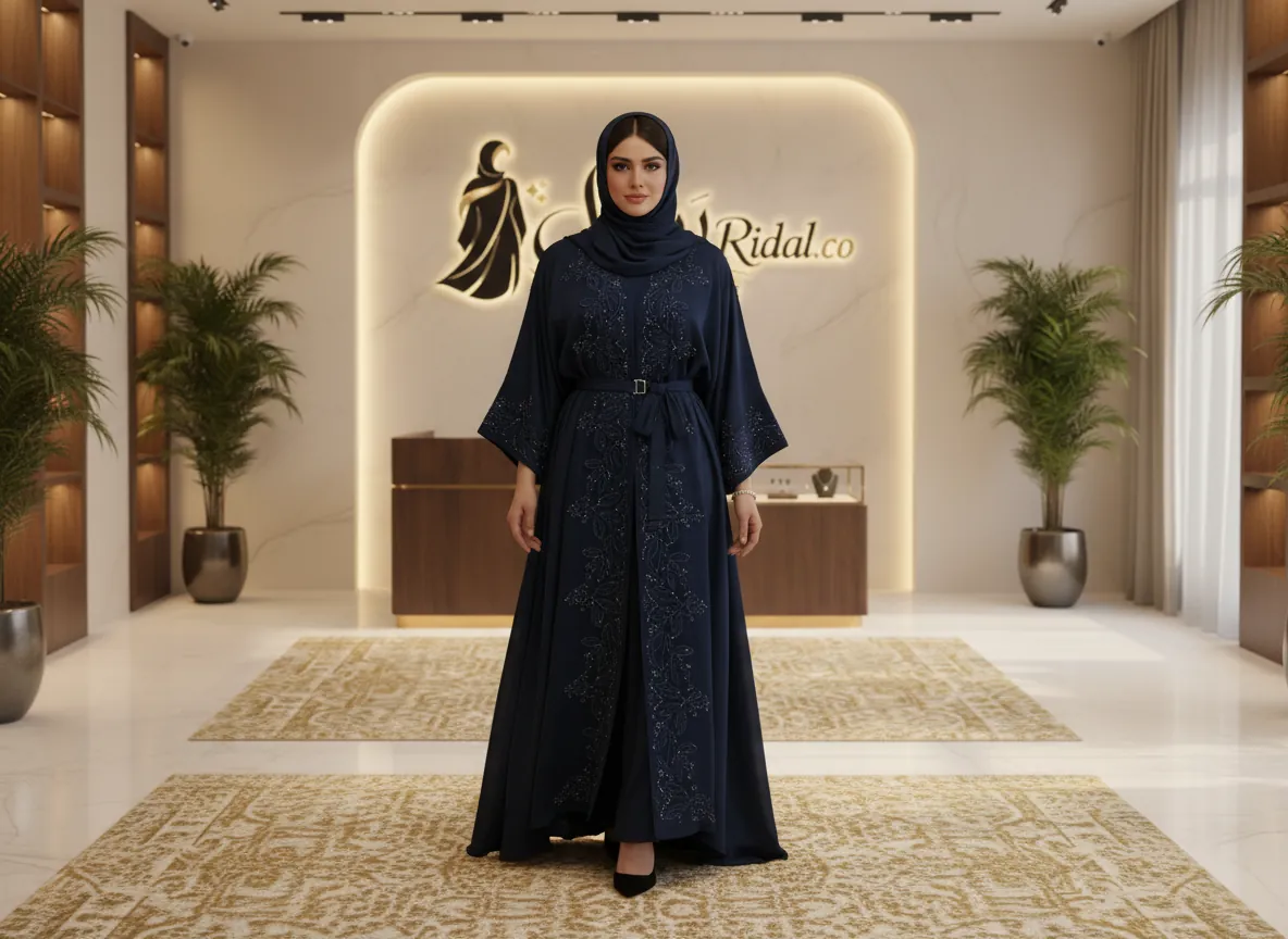 عباية فراشة ملكية بلون كحلي مع تطريز يدوي فاخر و حزام خصر أنيق