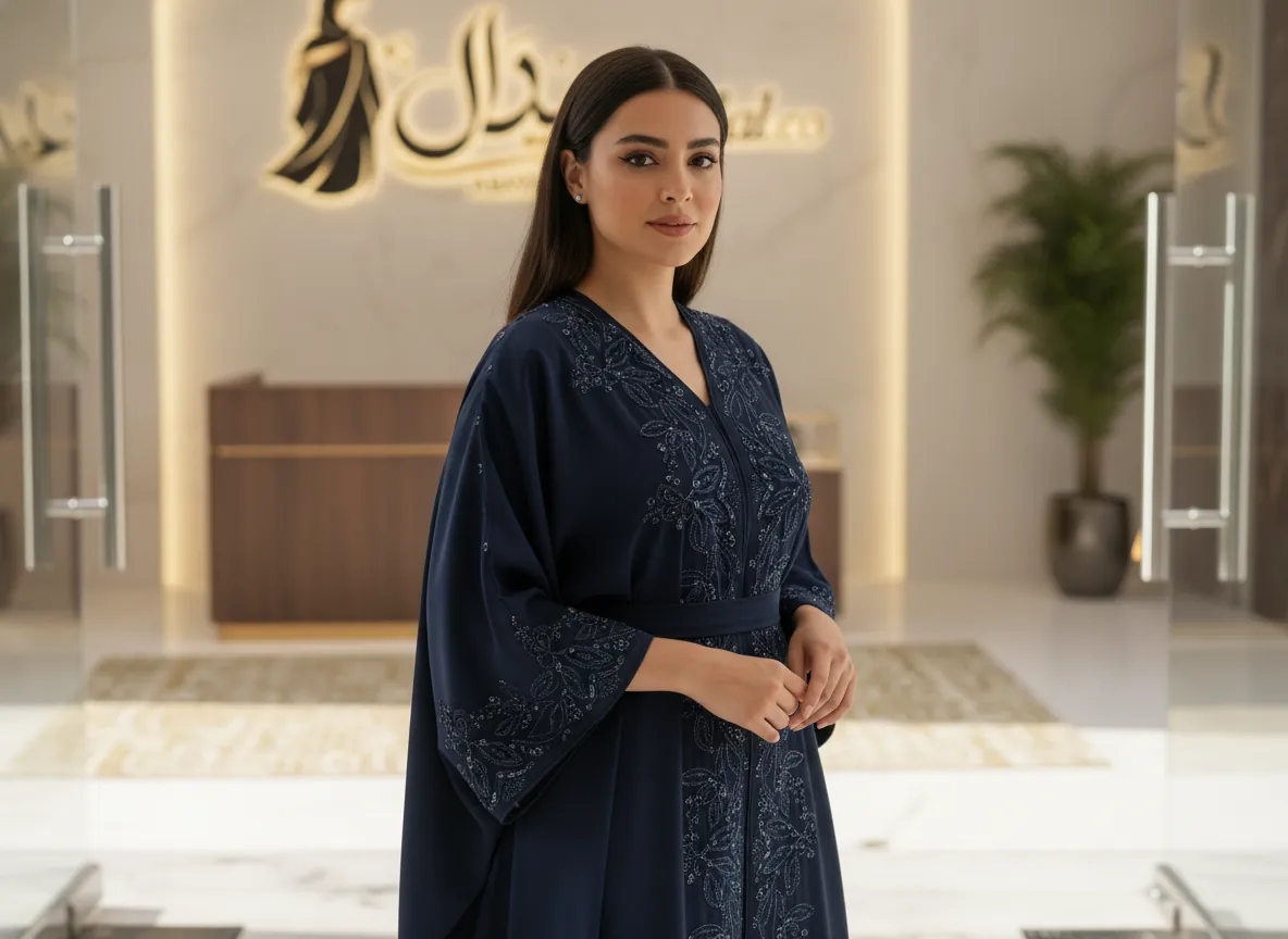 عباية فراشة ملكية بلون كحلي مع تطريز يدوي فاخر و حزام خصر أنيق