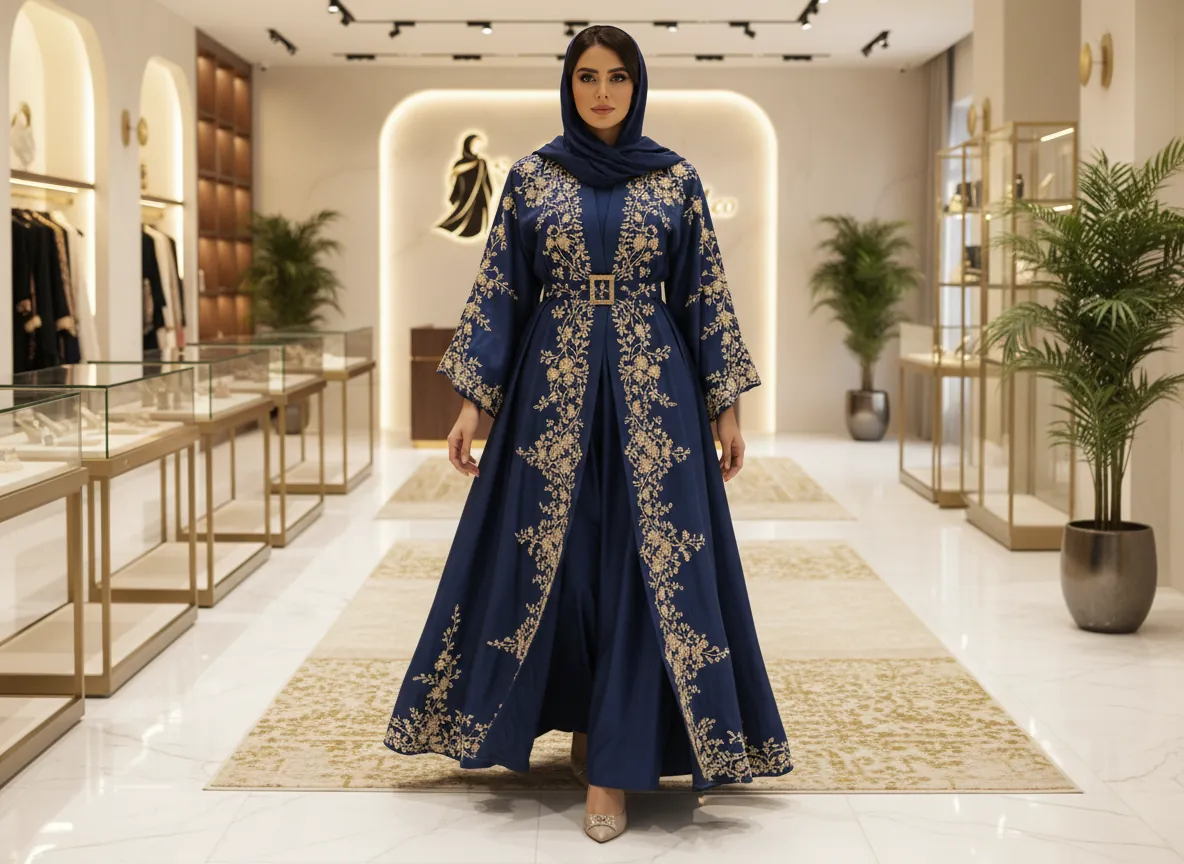 عباية كلوش كحلي ملكي بتطريز ذهبي فاخر وتصميم راقي للمناسبات
