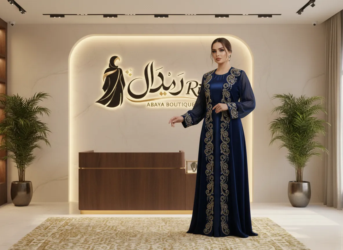 عباية سهرة كحلية ملكية بتطريز ذهبي يدوي وأكمام بليسيه فاخرة