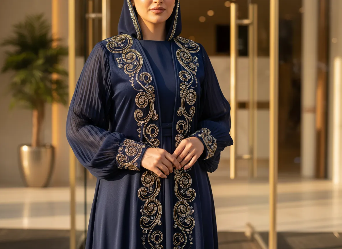 عباية سهرة كحلية ملكية بتطريز ذهبي يدوي وأكمام بليسيه فاخرة