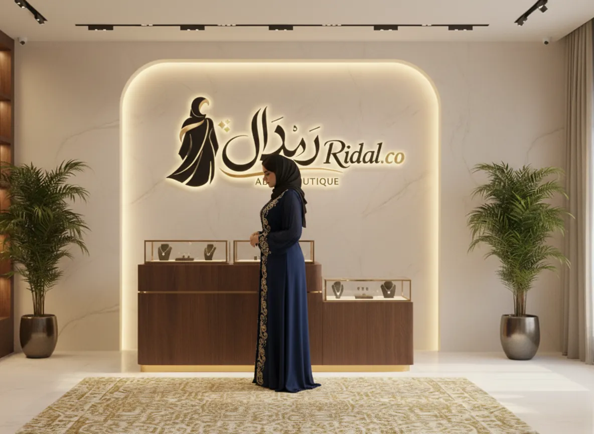 عباية سهرة كحلية ملكية بتطريز ذهبي يدوي وأكمام بليسيه فاخرة