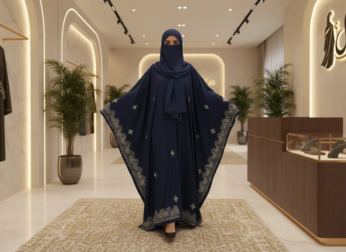 عباية فراشة كحلي ملكي بتطريز فضي هندسي فاخر - SE591