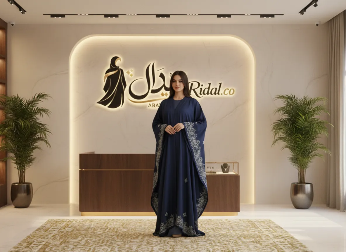 عباية فراشة كحلي ملكي بتطريز فضي هندسي فاخر - SE591