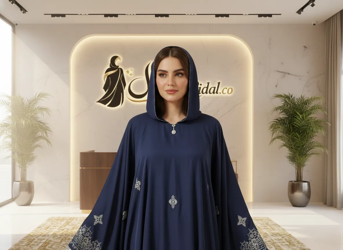 عباية فراشة كحلي ملكي بتطريز فضي هندسي فاخر - SE591