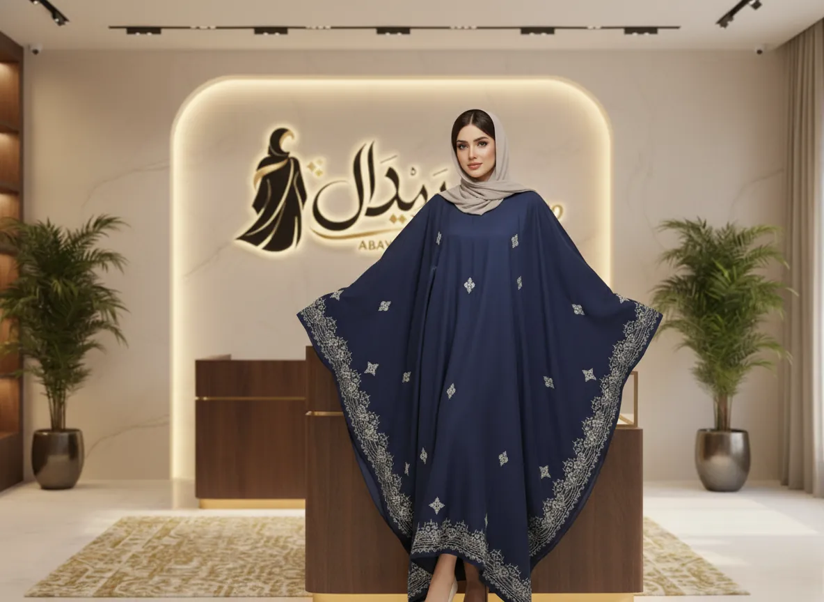 عباية فراشة كحلي ملكي بتطريز فضي هندسي فاخر - SE591