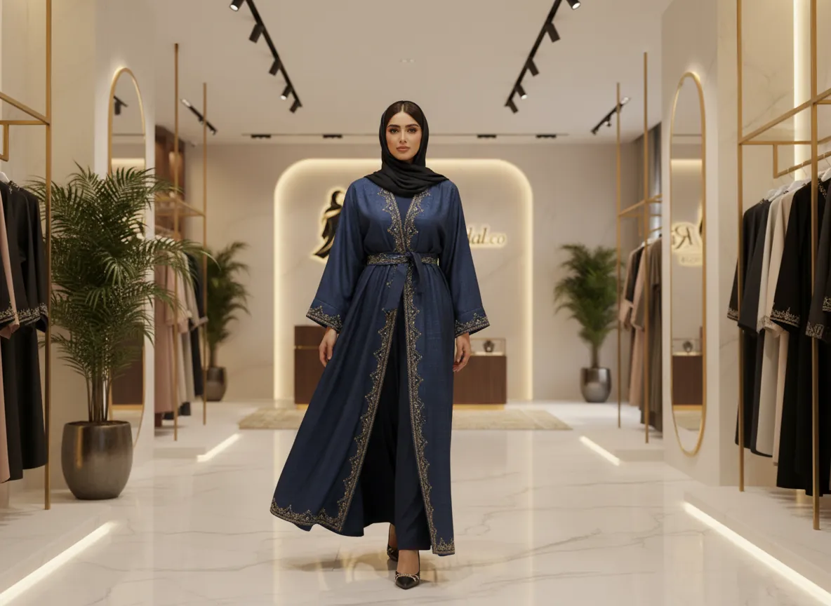 عباية رسمية كحلية من قماش الكريب المحبوك بتطريز ذهبي فاخر وحزام خصر