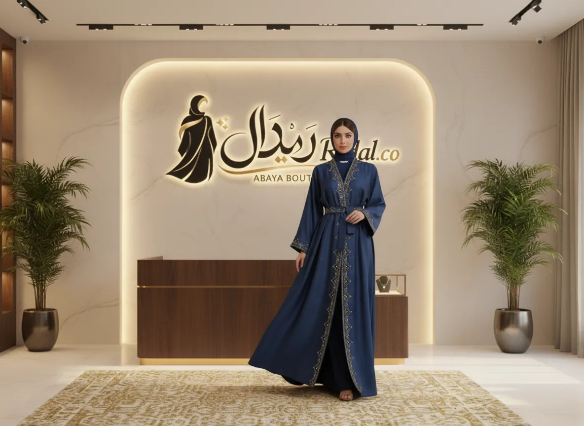 عباية رسمية كحلية من قماش الكريب المحبوك بتطريز ذهبي فاخر وحزام خصر