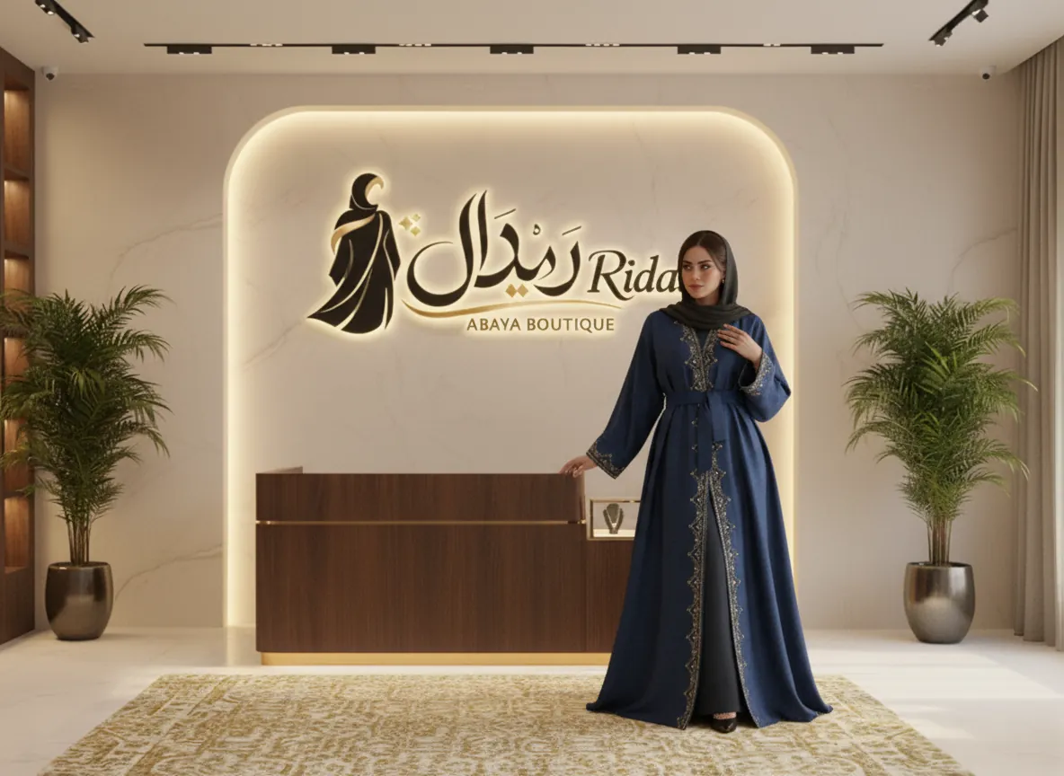 عباية رسمية كحلية من قماش الكريب المحبوك بتطريز ذهبي فاخر وحزام خصر