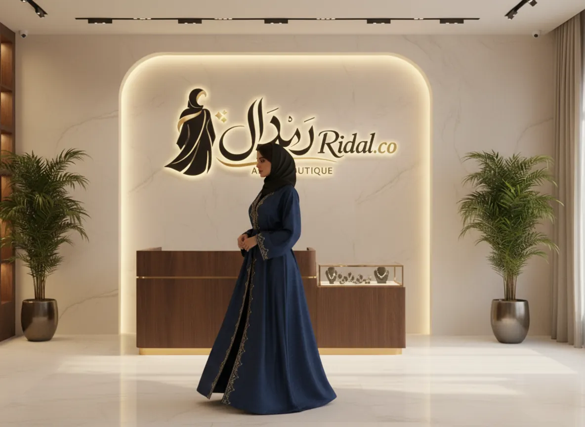 عباية رسمية كحلية من قماش الكريب المحبوك بتطريز ذهبي فاخر وحزام خصر
