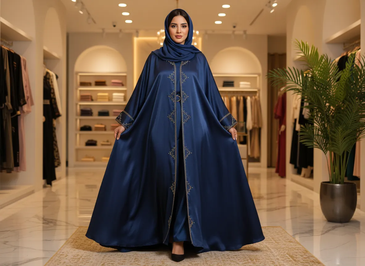 عباية بشت ملكي من قماش الساتان باللون الكحلي مع تطريز هندسي ذهبي فاخر