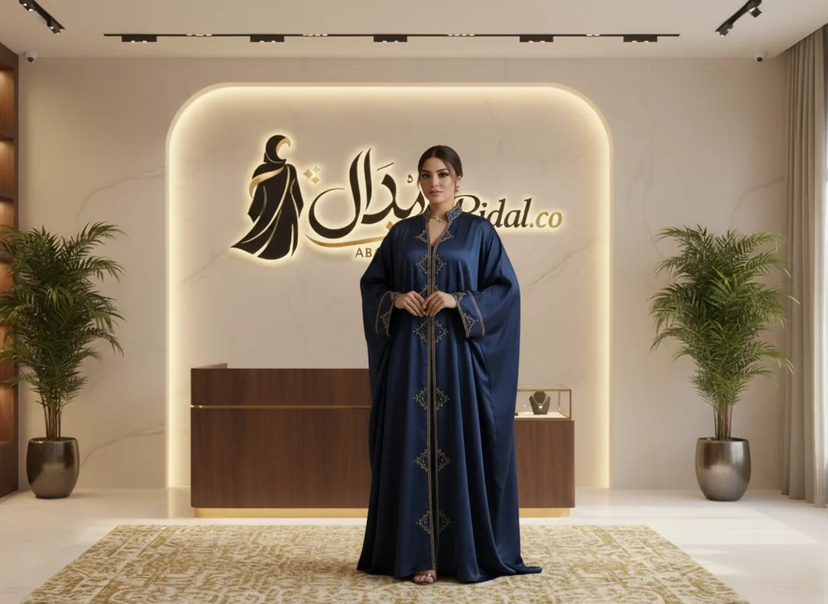 عباية بشت ملكي من قماش الساتان باللون الكحلي مع تطريز هندسي ذهبي فاخر