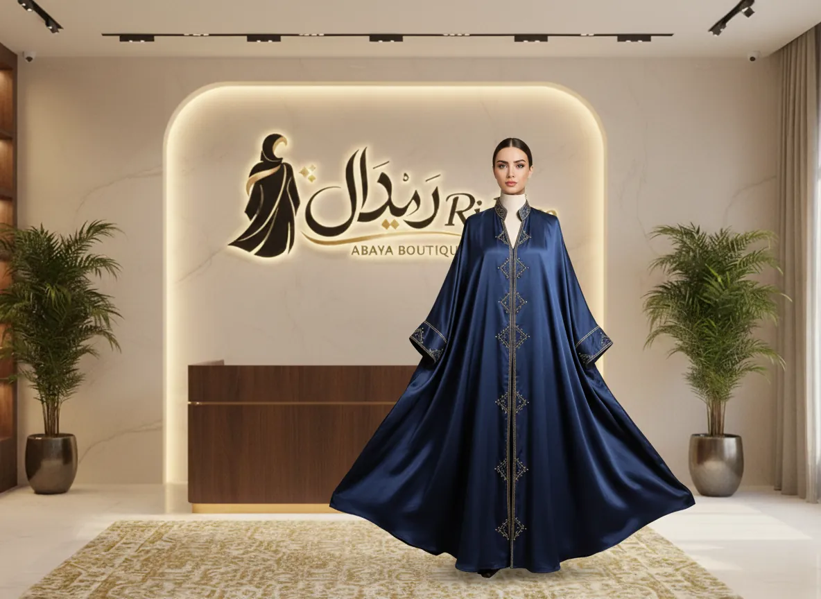 عباية بشت ملكي من قماش الساتان باللون الكحلي مع تطريز هندسي ذهبي فاخر