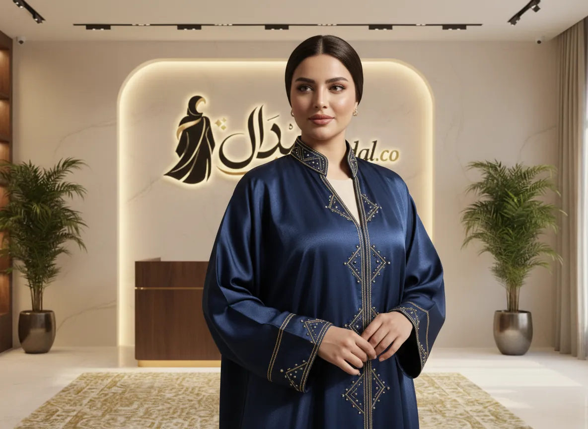 عباية بشت ملكي من قماش الساتان باللون الكحلي مع تطريز هندسي ذهبي فاخر