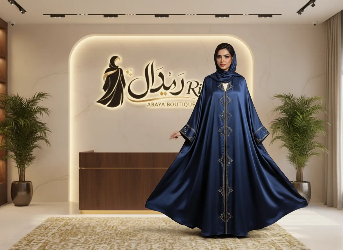 عباية بشت ملكي من قماش الساتان باللون الكحلي مع تطريز هندسي ذهبي فاخر