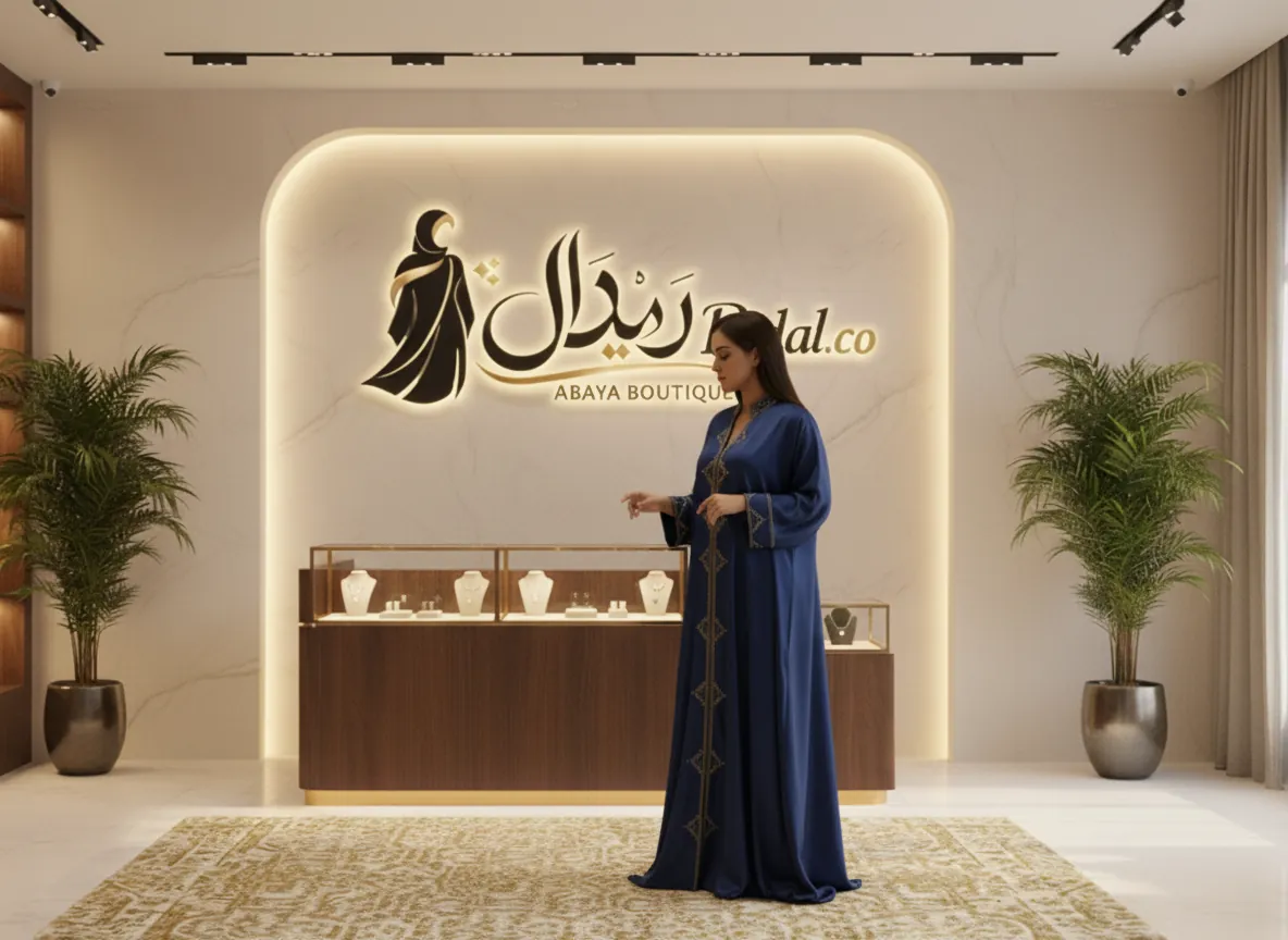 عباية بشت ملكي من قماش الساتان باللون الكحلي مع تطريز هندسي ذهبي فاخر