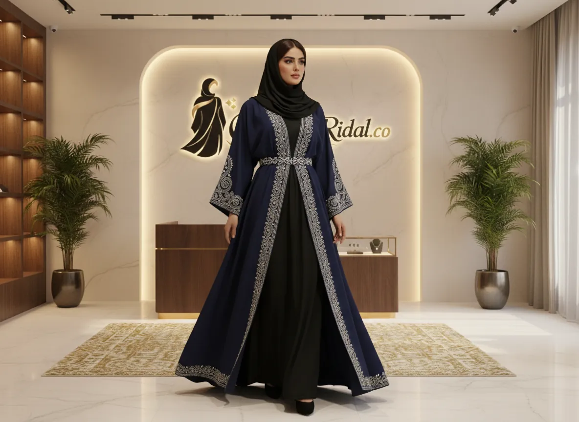 عباية مناسبات ملكية من قماش الكريب الفاخر بتطريز كريستالي يدوي وتصميم عصري أنيق