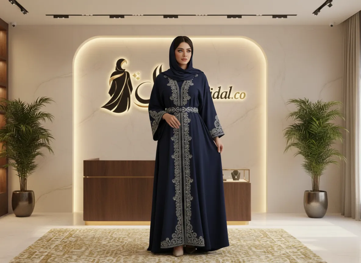 عباية مناسبات ملكية من قماش الكريب الفاخر بتطريز كريستالي يدوي وتصميم عصري أنيق
