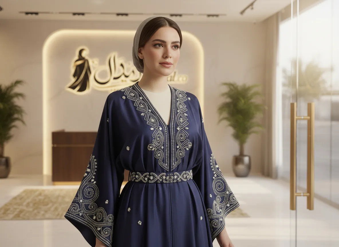 عباية مناسبات ملكية من قماش الكريب الفاخر بتطريز كريستالي يدوي وتصميم عصري أنيق