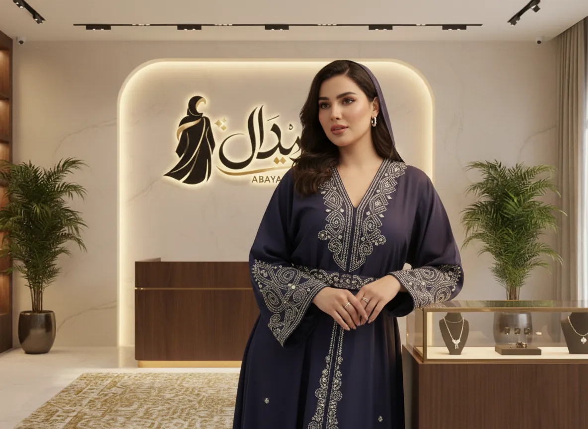 عباية مناسبات ملكية من قماش الكريب الفاخر بتطريز كريستالي يدوي وتصميم عصري أنيق