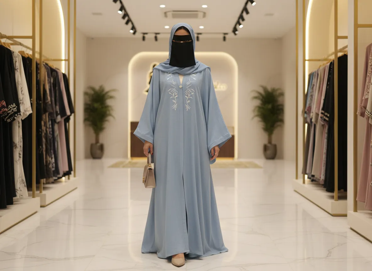 عباية لينن صيفية باللون السماوي بتطريز أوراق الشجر البيضاء - موديل SE175